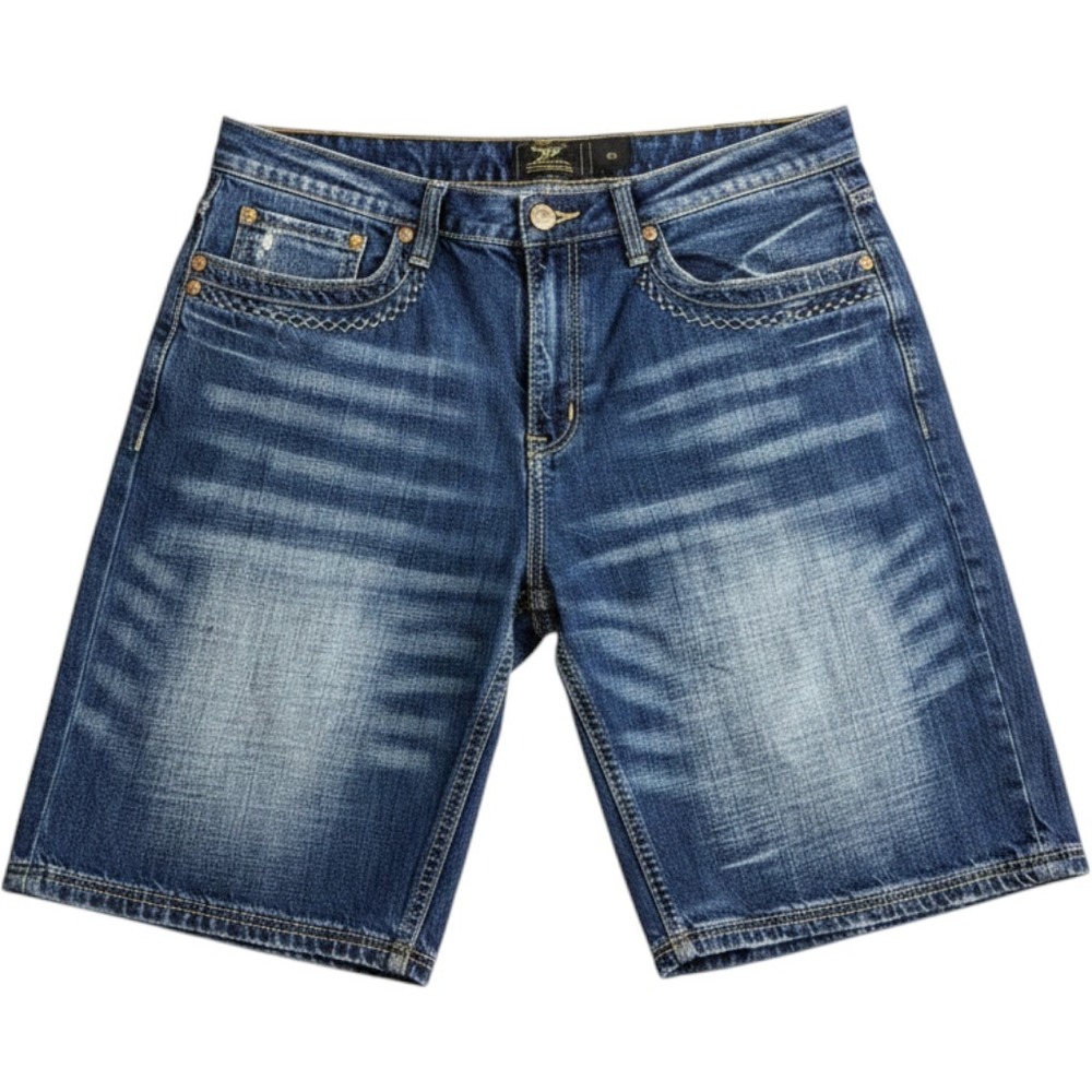 Akademiks Mens Denim Shorts 38 Blue Embroidered Leather Trim Y2K Baggy Hip Hop
